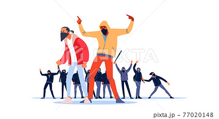 African American young man in mask screaming at protest for human rights. An aggressive protesters of Radical youth throws a cocktail Molotov at the riot police. Flat style vector illustration 77020148