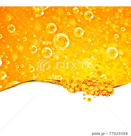 Liquid yellow wave line. Gold bubbles of air. For the project, gold, rest, oil, honey, beer, juice, shampoos or other successful options. On white background an area for text 77020308