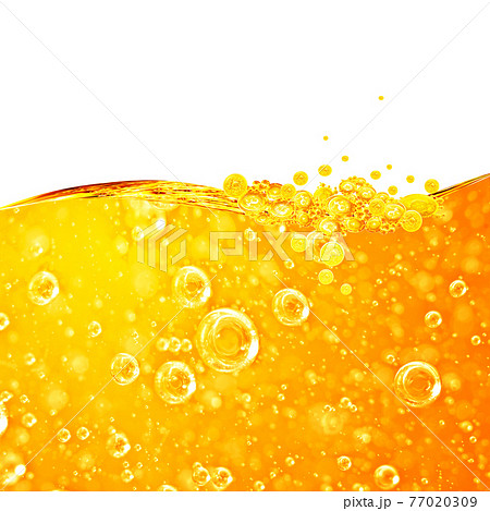 Liquid yellow wave line. Gold bubbles of air. For the project, gold, rest, oil, honey, beer, juice, shampoos or other successful options. On white background an area for text from above 77020309