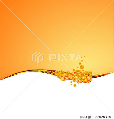 Liquid yellow wave line. Gold bubbles of air. For the project, gold, rest, oil, honey, beer, juice, shampoos or other successful options. On white background an area for text 77020310