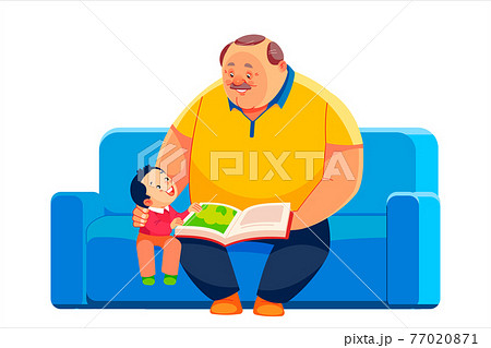 Grandfather and grandson sit on the sofa and read a book together. Happy Fathers Day postcard, relationships between family concept Cartoon vector illustration isolated on a white background 77020871
