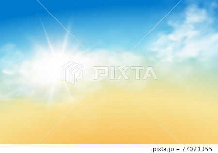Realistic sky template with transparent cloud and sun. Blue background. Light effect. Realistic illustration. 77021055