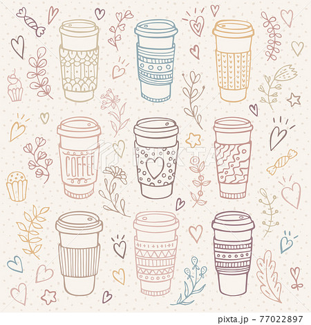 Hand-drawn coffee cup set with floral background 77022897