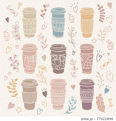 Hand-drawn coffee cup set with floral background 77022898
