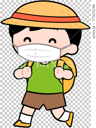 A boy wearing a hat and carrying a backpack (with a mask) 77025286