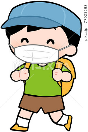 帽子をかぶってリュックを背負う男の子 マスクあり のイラスト素材