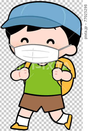 A boy wearing a hat and carrying a backpack (with a mask) 77025298