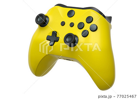 Realistic yellow video game controller on white background 77025467