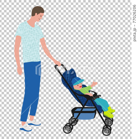 ベビーカーと父親のフラットなイラスト ベビーカーと父親のフラットなイラスト 77026206