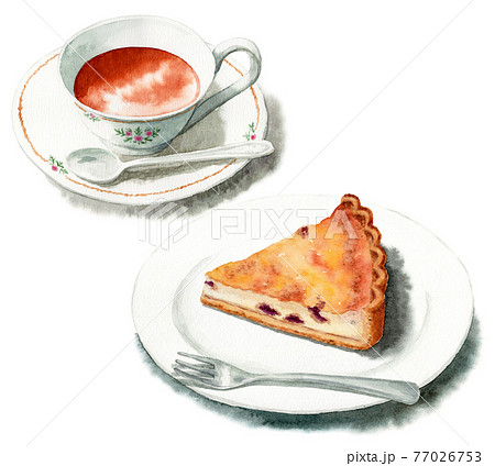 アナログ水彩ケーキセットチーズタルトと紅茶のイラスト素材 アナログ水彩ケーキセットチーズタルトと紅茶のイラスト素材