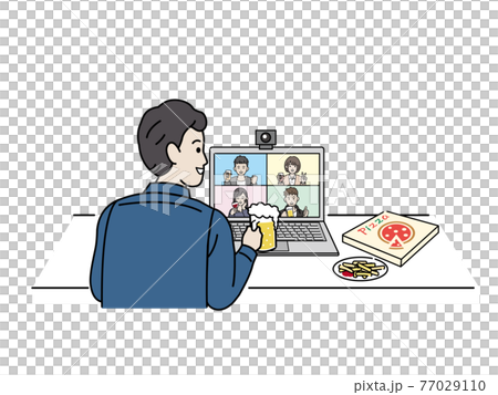 オンライン飲み会をする若い男女　リモート飲み会　宅飲み　忘年会　イラスト素材 77029110