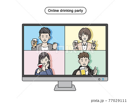 オンライン飲み会をする若い男女 リモート飲み会 宅飲み 忘年会 モニター イラスト素材 オンライン飲み会をする若い男女 リモート飲み会 宅飲み 忘年会 モニター イラスト素材 77029111