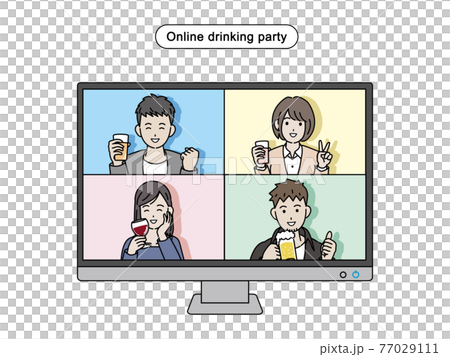 オンライン飲み会をする若い男女 リモート飲み会 宅飲み 忘年会 モニター イラスト素材 オンライン飲み会をする若い男女 リモート飲み会 宅飲み 忘年会 モニター イラスト素材 77029111