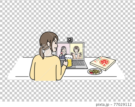 オンライン飲み会をする若い女性　リモート飲み会　宅飲み　女子会　イラスト素材 77029112