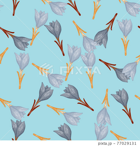 Random seamless pattern with pale blue crocus flowers print. Bright blue background. Simple style. Random seamless pattern with pale blue crocus flowers print. Bright blue background. Simple style. 77029131