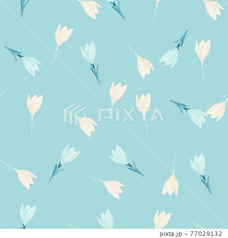 Random cute floral seamless pattern with crocus little flowers silhouettes on pastel blue background. 77029132