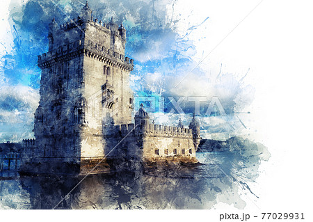 Lisbon, Belem Tower - Tagus River, Portugal. Architecture with bright blue sky 77029931