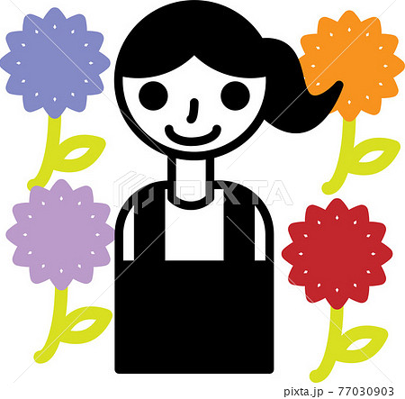 花屋の店員の笑顔の1人の女性の上半身と花のイラスト素材