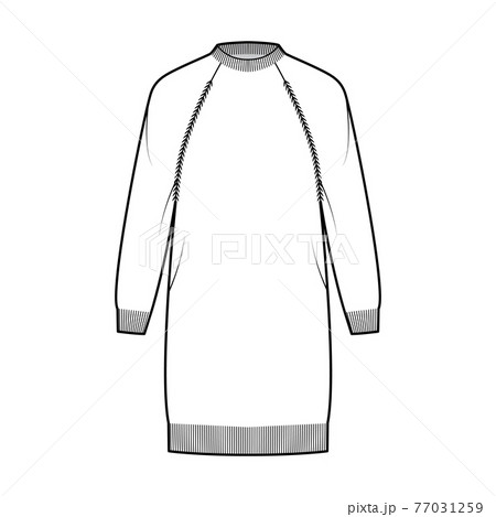 Fisherman dress Sweater technical fashion illustration with crewneck, long raglan sleeves, hip length, knit trim. Flat 77031259