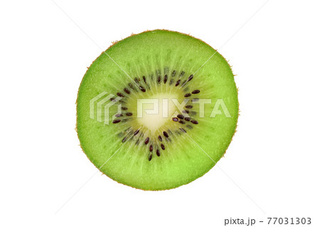 Closeup slice of one green kiwi fruit isolated on white 77031303