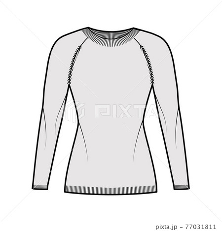 Crew neck Sweater technical fashion illustration with raglan long sleeves, slim fit, hip length, knit trim. Flat jumper 77031811