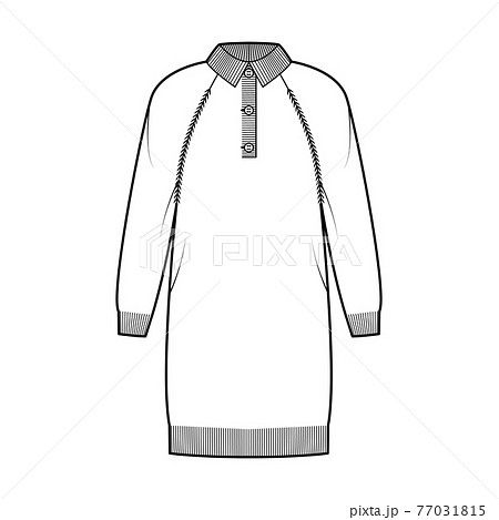 Dress Polo Sweater technical fashion illustration with rib henley neck, classic collar, long raglan sleeves, knee length 77031815