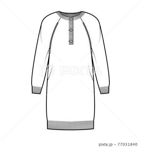 Dress Sweater henley neck technical fashion illustration with long raglan sleeves, relax fit, knee length, rib trim Flat Dress Sweater henley neck technical fashion illustration with long raglan sleeves, relax fit, knee length, rib trim Flat 77031840