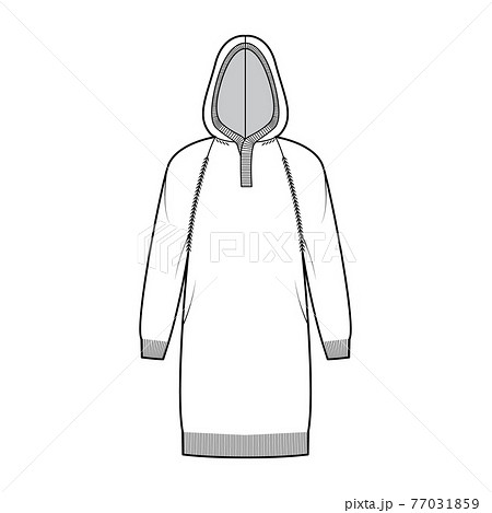 Dress Hooded Sweater technical fashion illustration with rib henley neck, long raglan sleeves, relax fit, knee length Dress Hooded Sweater technical fashion illustration with rib henley neck, long raglan sleeves, relax fit, knee length 77031859