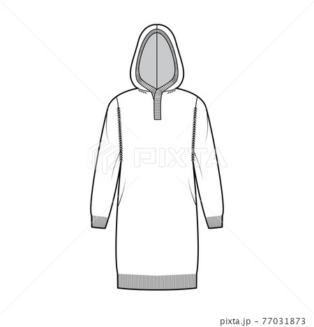 Hooded dress Sweater technical fashion illustration with rib henley neck, long sleeves, relax fit, knee length, rib trim 77031873