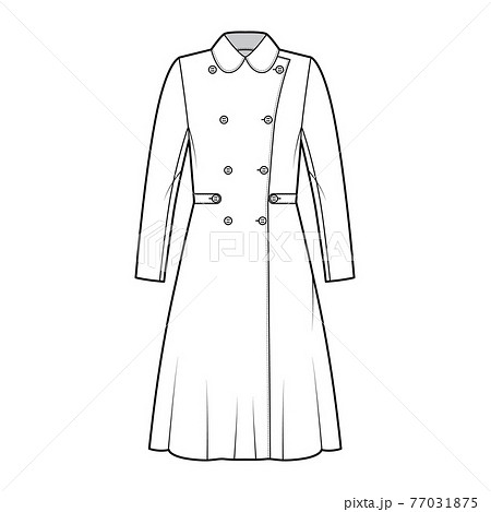 Skating coat technical fashion illustration with tabs, double breasted, long sleeves, round collar, A-line silhouette Skating coat technical fashion illustration with tabs, double breasted, long sleeves, round collar, A-line silhouette 77031875