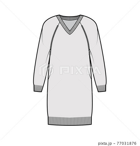 Dress V-neck Sweater technical fashion illustration with long raglan sleeves, relax fit, knee length, knit rib trim Flat 77031876