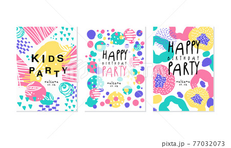 Kids Party Card Templates Set, Happy Birthday Party Banner, Poster Hand Drawn Vector Illustration 77032073