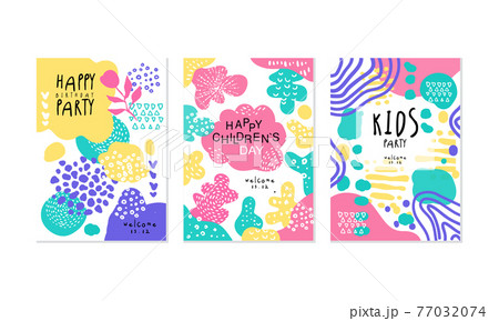 Happy Birthday Party Card Templates Set, Happy Children Day Banner, Poster Hand Drawn Vector Illustration Happy Birthday Party Card Templates Set, Happy Children Day Banner, Poster Hand Drawn Vector Illustration 77032074