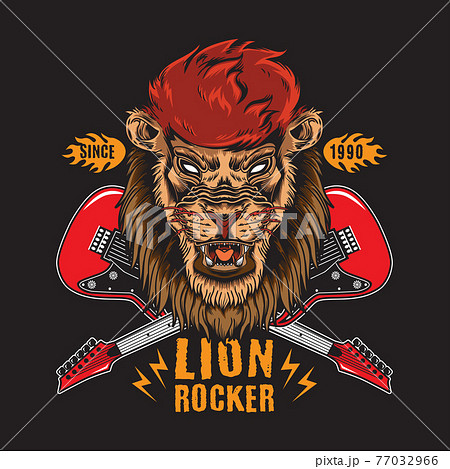Retro Vintage Lion Rock n Roll with Crossed Guitar Illustration suitable for poster, flyer, greeting cards, sticker, social media and tshirt design Retro Vintage Lion Rock n Roll with Crossed Guitar Illustration suitable for poster, flyer, greeting cards, sticker, social media and tshirt design 77032966