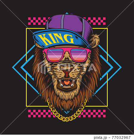 Retro Vintage Hip Hop Lion Wearing Snapback Illustration suitable for poster, flyer, greeting cards, sticker, social media and tshirt design 77032967