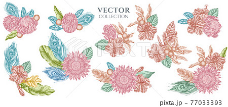 Flower bouquet of pastel banana palm leaves, hibiscus, solanum, bromeliad, peacock feathers, protea 77033393