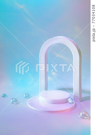 empty scene with two cylinder podiums and arch on pastel colored background  77034108