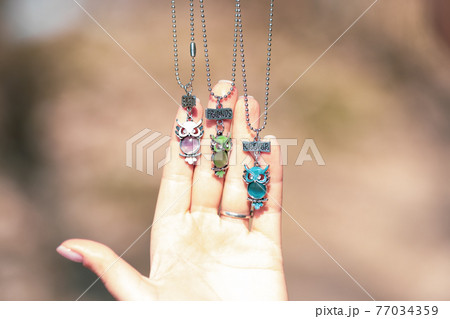 Pendant best friends forever owls three parts necklace shoot outside in a summer day closeup. Selective Focus Pendant best friends forever owls three parts necklace shoot outside in a summer day closeup. Selective Focus 77034359