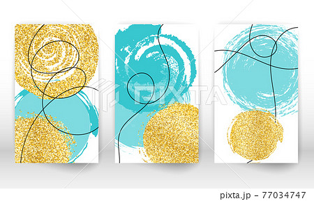 Abstract cover template. Set of geometric shapes and lines. Watercolor painting texture. Minimalist hand painted shapes and gold particles. Abstract cover template. Set of geometric shapes and lines. Watercolor painting texture. Minimalist hand painted shapes and gold particles. 77034747