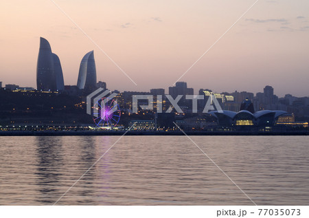 Evening Baku with a view from the boulevard.Azerbaijan Evening Baku with a view from the boulevard.Azerbaijan 77035073