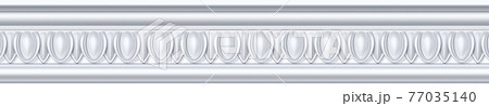 Seamless pattern of white classic mold cornice with classic ionic ornament for interior wall design. Repeating gypsum plaster frieze for ceiling decoration frame 77035140