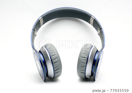 Blue and silver modern headphones on a white background 77035550