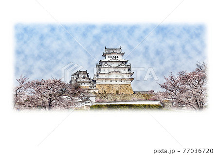 世界文化遺産 国宝 「姫路城」水彩画風  絵手紙 77036720