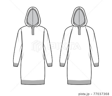 Set of Hooded dresses Sweaters technical fashion illustration with henley neck, raglan sleeves, relax fit, hip length Set of Hooded dresses Sweaters technical fashion illustration with henley neck, raglan sleeves, relax fit, hip length 77037368