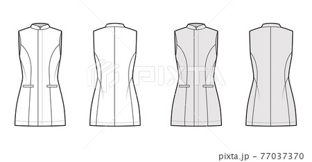 Long vest waistcoat technical fashion illustration with fitted body, sleeveless, stand collar, hide closure, welt pocket 77037370