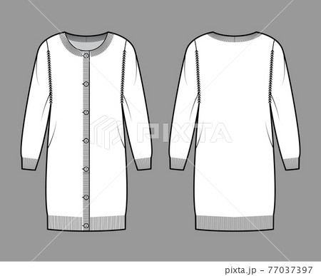 Round neck dress cardigan technical fashion illustration with long sleeves, oversized body, hip length, knit rib cuff 77037397