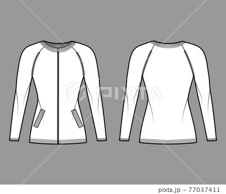 Zip-up cardigan Sweater technical fashion illustration with crew neck, raglan sleeves, fitted body, knit trim, pockets Zip-up cardigan Sweater technical fashion illustration with crew neck, raglan sleeves, fitted body, knit trim, pockets 77037411