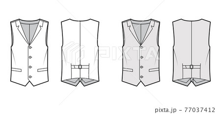 Lapelled vest waistcoat technical fashion illustration with sleeveless, notched shawl collar, button-up closure, pockets 77037412