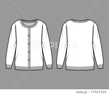 Round neck cardigan technical fashion illustration with button closure, long sleeves, oversized, hip length, knit trim 77037420