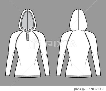 Hooded Sweater technical fashion illustration with rib henley neck, long raglan sleeves, slim fit, hip length, rib trim 77037615